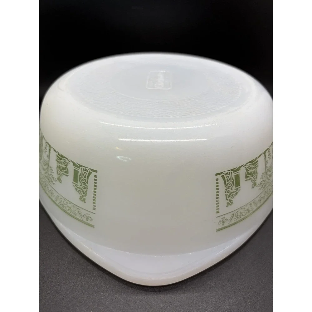 Vintage Glasbake Milk Glass With Roman Greek Green Design 2 QT Casserole‎ Dish